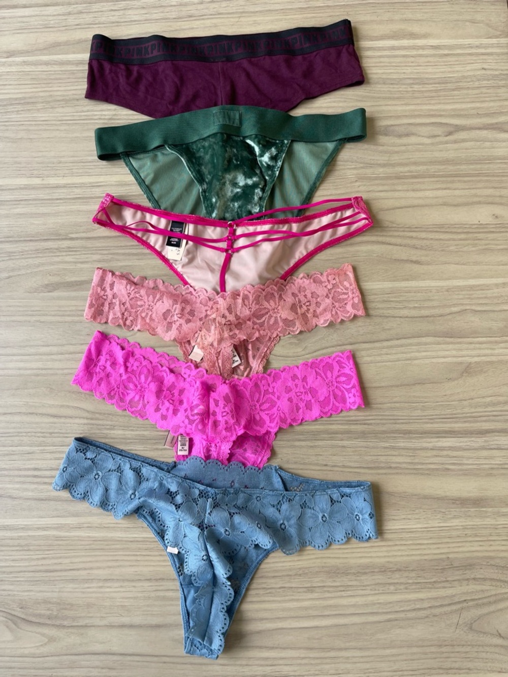Mixed Lace & Mesh Thong Set — Plum, Emerald, Pink, Peach, Hot Pink, Dusty Blue